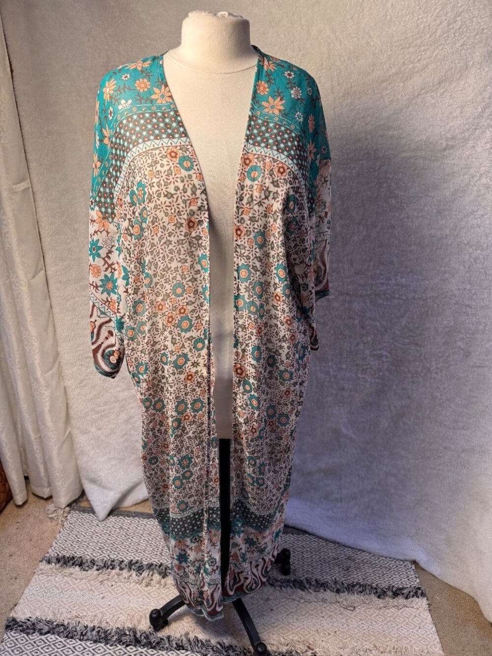 Green and ivory floral lightweight duster,or swimsuit cover-up boho
